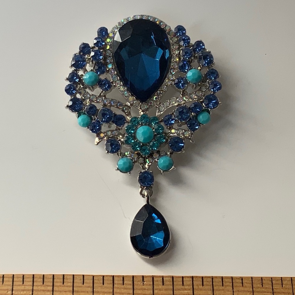 Vintage Style Royal Blue Rhinestone Dangle Teardrop Statement Brooch Pin